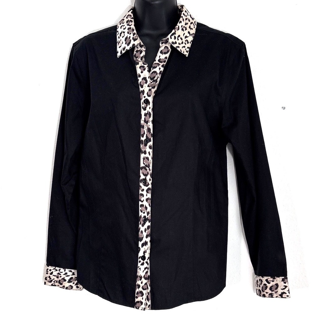 Chicos‎ Black Leopard Animal Print Trim Button Down Shirt Size 2 Office Business